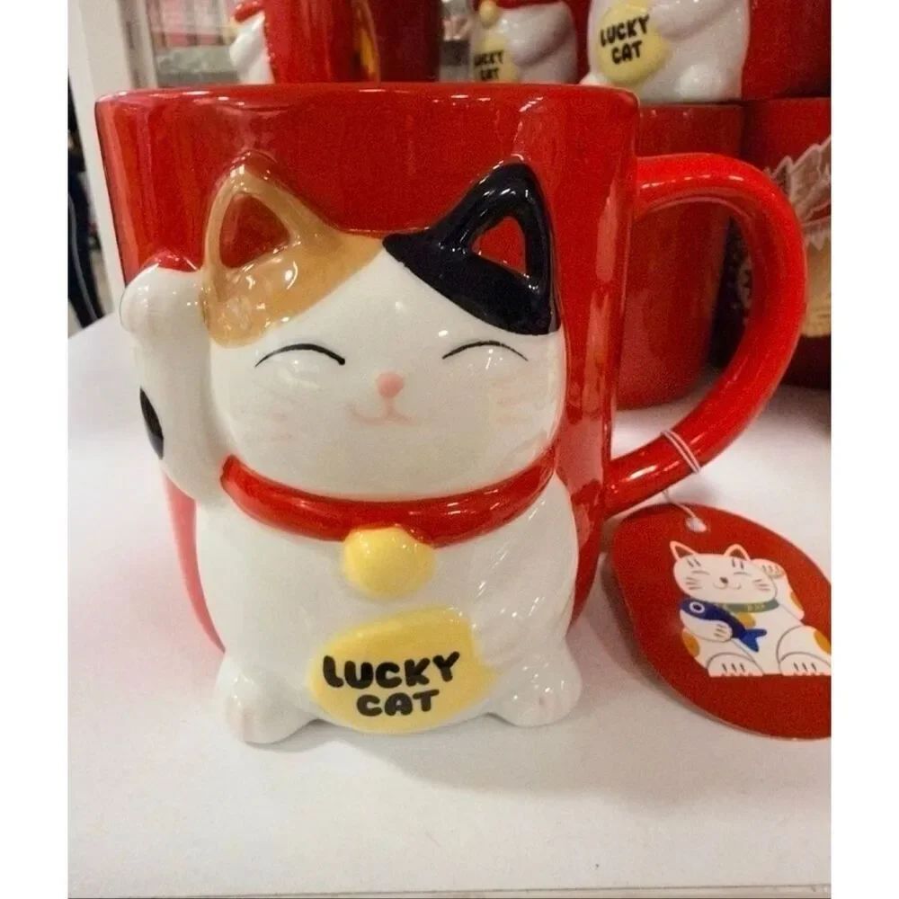 RARE NWT Asian Lucky Cat 3D Coffee Mug Hand Painted Maneki Neko Red Ceramic Pros